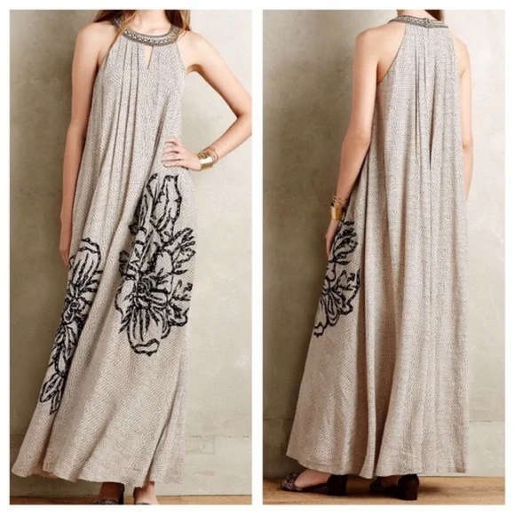 Anthropologie Dresses & Skirts - Anthropologie Ranna Gill Embroidered Beaded Boho Gown Dress halter maxi SMALL